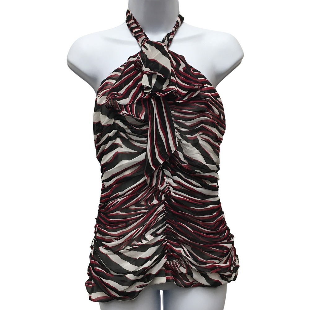 Express Ruched Ruffle Halter Top Women's Small Red Zebra Print Y2K Glam Chic